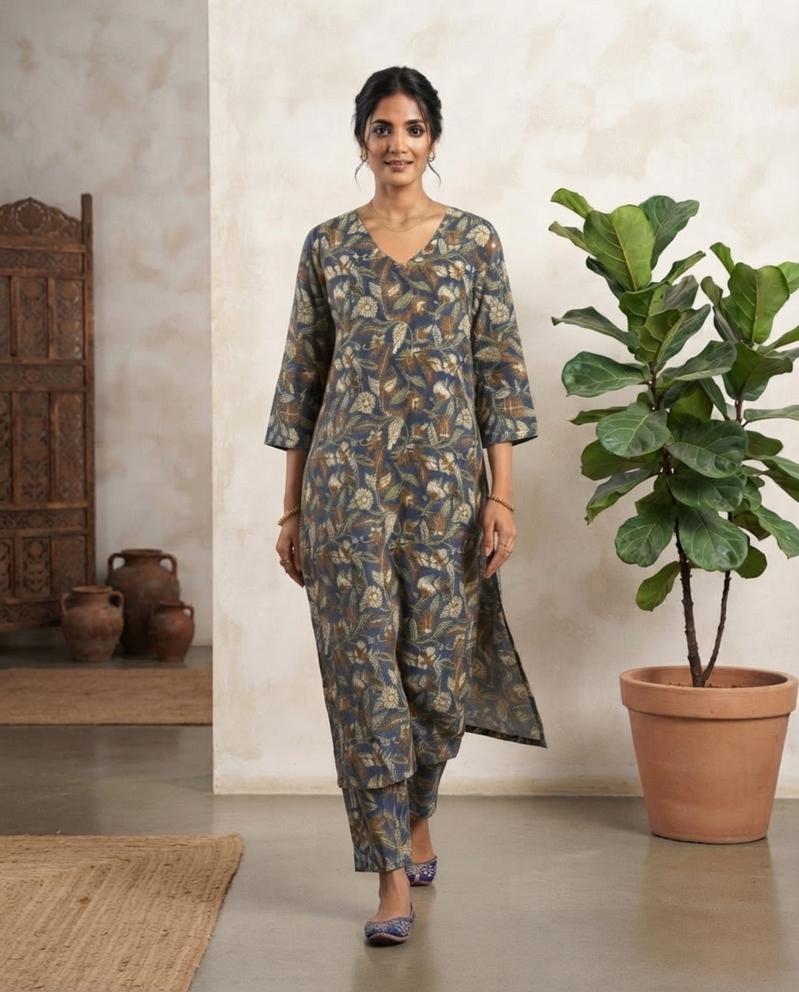 Blue Floral Print Straight Kurta with Matching Pants – Women’s Co-Ord Set - Image 5