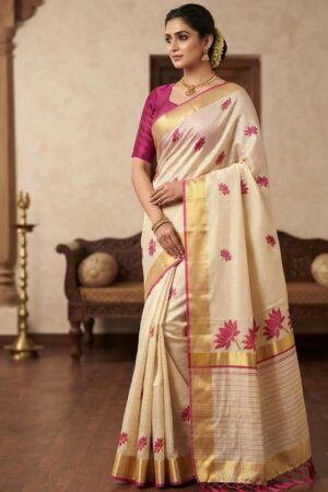 Off-white tissue silk saree with magenta floral print – Consilia Mea