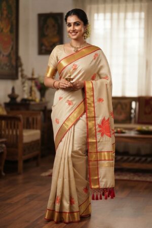 Off-White Tissue Silk Saree with Orange Floral Print | Consilia Mea