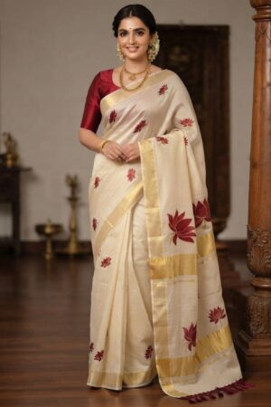 Off-White Tissue Silk Saree with Maroon Floral Print