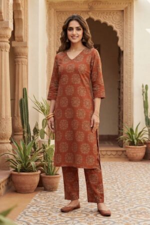 Rust Brown Floral Printed Kurta Set with Matching Pants