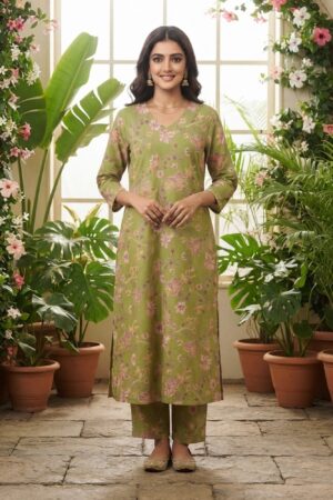 Green Floral Printed Kurta Pant Set for Women | Consiliamea