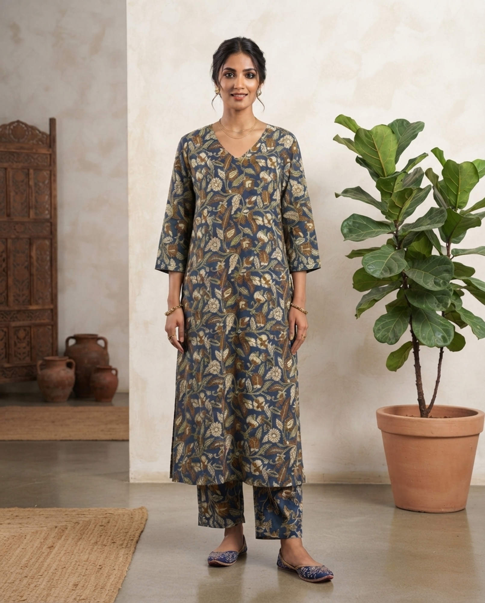 blue floral print kurta set