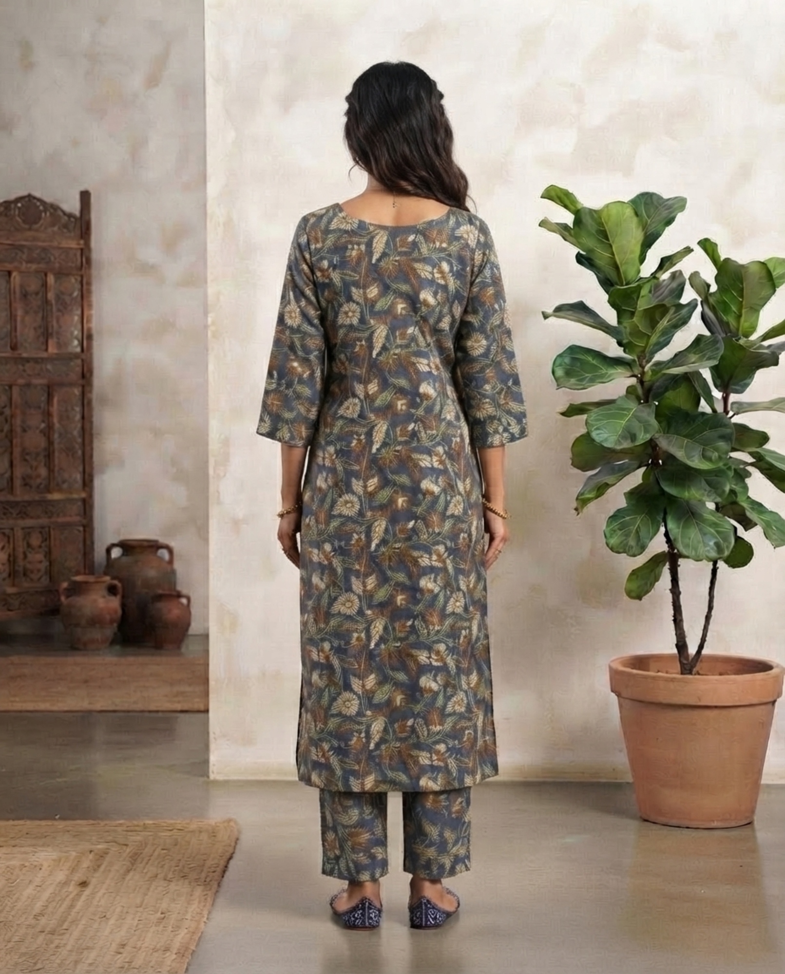 Blue Floral Print Straight Kurta with Matching Pants – Women’s Co-Ord Set - Image 4
