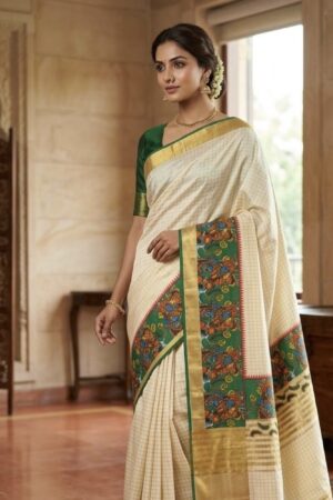Off-White Saree with Green Floral Printed Pallu and Golden Border